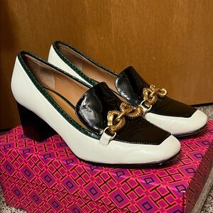Tory Burch Jessa 55MM Pump Black and Cream Loafers with Gold Detail